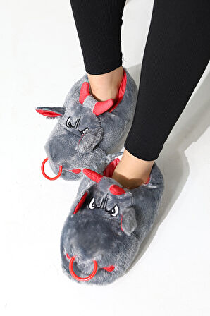 Hayvanlı B20 Boğa Modelli Kışlık Kadın Erkek Panduf Ev Içi Sessiz Taban Panduf