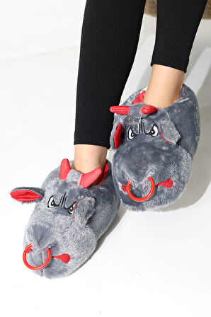 Hayvanlı B20 Boğa Modelli Kışlık Kadın Erkek Panduf Ev Içi Sessiz Taban Panduf