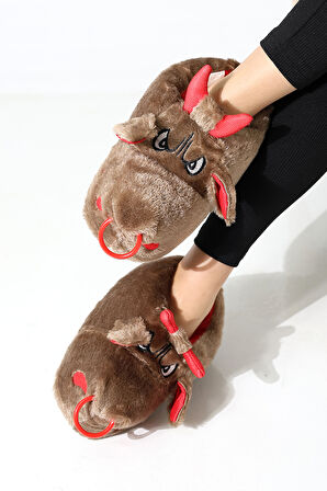 Hayvanlı B20 Boğa Modelli Kışlık Kadın Erkek Panduf Ev Içi Sessiz Taban Panduf