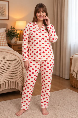 Mirano 9850 Uzun Kollu Şardonlu Soft Kışlık Düğmeli Büyük Beden Kalpli Kadın Pijama Takımı