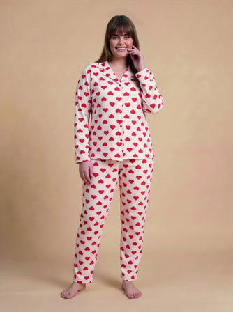 Mirano 9850 Uzun Kollu Şardonlu Soft Kışlık Düğmeli Büyük Beden Kalpli Kadın Pijama Takımı