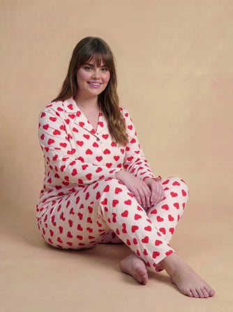 Mirano 9850 Uzun Kollu Şardonlu Soft Kışlık Düğmeli Büyük Beden Kalpli Kadın Pijama Takımı