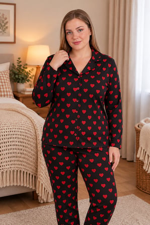 Mirano 9850 Uzun Kollu Şardonlu Soft Kışlık Düğmeli Büyük Beden Kalpli Kadın Pijama Takımı