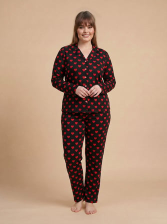 Mirano 9850 Uzun Kollu Şardonlu Soft Kışlık Düğmeli Büyük Beden Kalpli Kadın Pijama Takımı