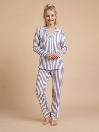 Mirano 9801 Şardonlu Soft Kışlık Düğmeli Çizgili Kadın Pijama Takım