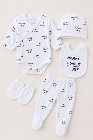 I Love Mommy Daddy Baskılı %100 Pamuk Bebek 5'li Set Hastane Çıkışı 3685