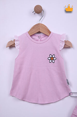 Babyhola %100 Pamuk Kız Bebek Papatya Nakışlı Kolları Güpürlü Şortlu Takım 3662