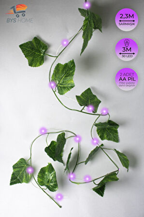 Dekoratif Yeşil Yapraklı 230 Cm Yapay Sarmaşık Ve 300 Cm Peri Led Pembe Renk