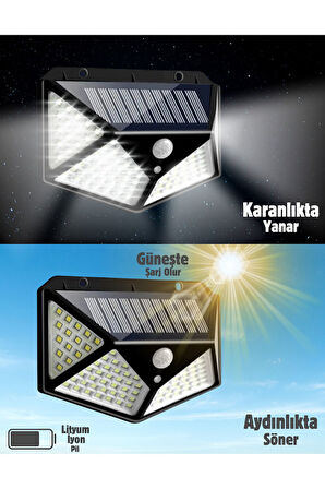 4'lü Paket 100 Led Güneş Enerjili Hareket Sensörlü 4 Taraflı Aplik Bahçe Bahçe Aydınlatma Lambası