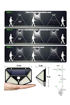 4'lü Paket 100 Led Güneş Enerjili Hareket Sensörlü 4 Taraflı Aplik Bahçe Bahçe Aydınlatma Lambası