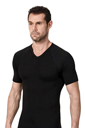 Erkek Siyah Kısa Kollu V Yaka Termal Fanila