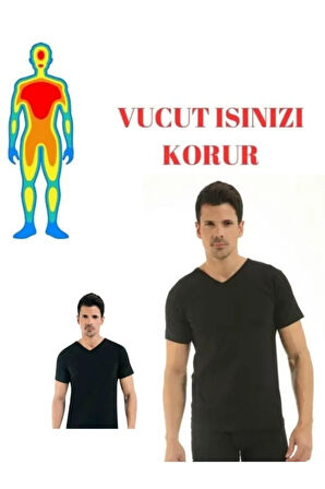 Erkek Siyah Kısa Kollu V Yaka Termal Fanila