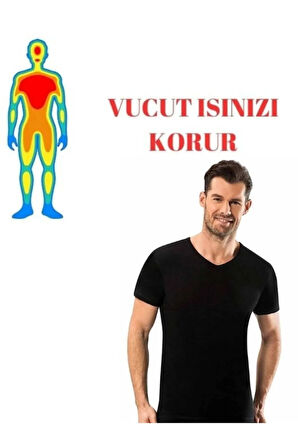 Erkek Siyah Termal V Yaka Kısa Kol Atlet -20 Derece Tam Koruma