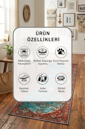 Yıkanabilir Kaymaz Fafa Dijital Baskılı Yolluk Halı Tüy Tutmaz