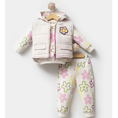 KIZ BEBEK YELEKLİ SWEATLİ ÇİÇEK DESEN TAKIM