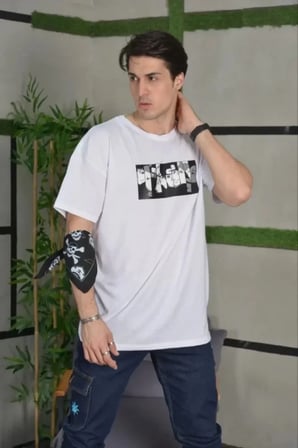 Unisex Bisiklet Yaka Baskılı Oversize T-shirt - Beyaz