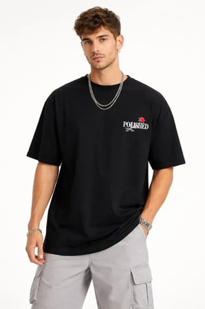 Erkek Bisiklet Yaka Baskılı  Kısa Kollu Tişört Streetwear Günlük Basic Pamuklu T-shirt - Siyah