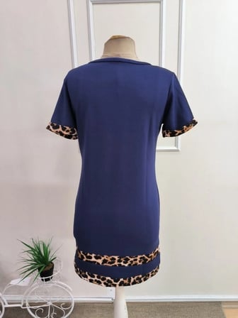 Kadın Kısa Kollu Bisiklet Yaka Leopar şerit Detaylı Kısa Modal Elbise