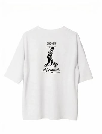 Unisex Bisiklet Yaka Baskılı Oversize T-shirt - Beyaz
