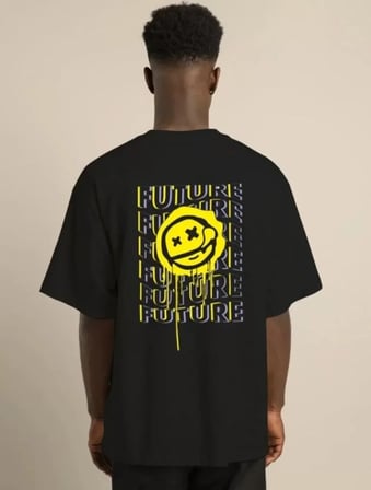 Unisex Bisiklet Yaka Baskılı Oversize T-shirt - Siyah