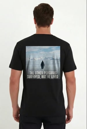 Erkek Oversize Tişört - Sırt Baskılı Survivor Penguin Temalı, Felsefi Yazılı Bisiklet Yaka Tişört - Siyah