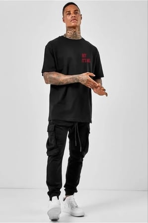Unisex Bisiklet Yaka Oversize Baskılı T-shirt - Siyah