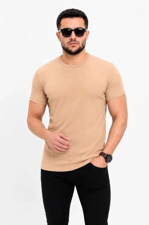 Erkek Basic Tişört Bisiklet Yaka Kısa Kol Günlük Yazlık Slim Fit T-Shirt - Bej