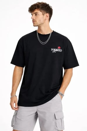 Erkek Bisiklet Yaka Baskılı  Kısa Kollu Tişört Streetwear Günlük Basic Pamuklu T-shirt - Siyah
