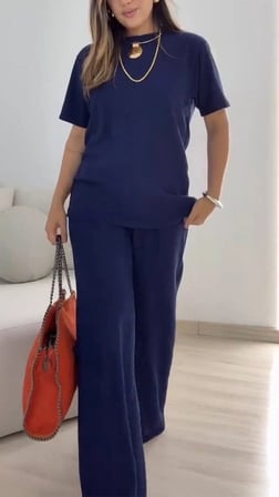 Kadın Kısa Kollu Bisiklet Yaka Viskon Iki Iplik Bluz Ve Pantolon Ikili Takım