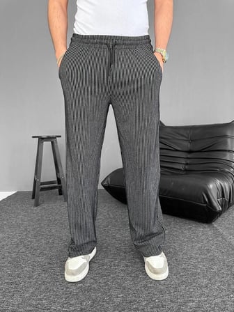 Su Yolu Çizgili Cepli Pantalon - Siyah