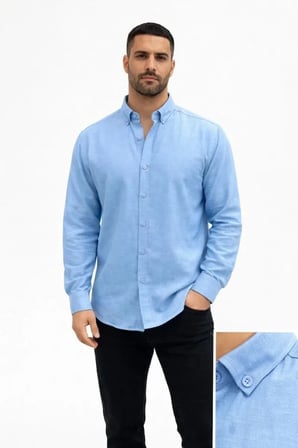 Erkek KETEN Kumaş Oversize Uzun Kollu Rahat Kalıp Gömlek - Açık Mavi