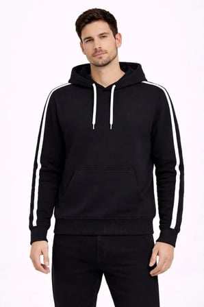 Erkek Şeritli Kapüşonlu Sweatshirt Oversize 3 Iplik Pamuklu - Siyah