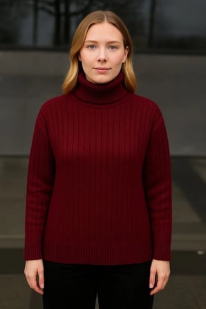 Balıkcı Yaka Bağazlı Triko Kazak Pamuklu Kalın Fitilli Dokuma - Bordo