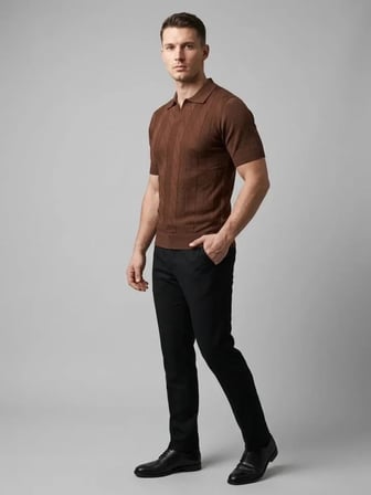 Erkek Yazlık Triko Dokuma Tişört Kısa Kol Polo Yaka T-Shirt - Kahverengi
