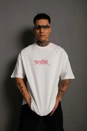 Erkek Oversize Tişört – Beyaz 24/1 Penye Kumaş, Bisiklet Yaka, Ön - Arka Baskılı, Streetwear Tarzı Rahat Büyük Kalıp T-shirt- Beyaz