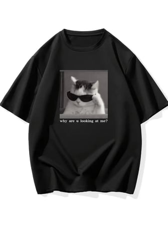 Baskılı Oversize Bisiklet Yaka T-shirt - Siyah