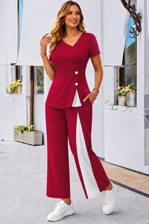 Kadın Kısa Kollu Asimetrik V Yakalı Yandan Düğmeli Janjankrep Bluz Ve Pantolon Ikili Takım