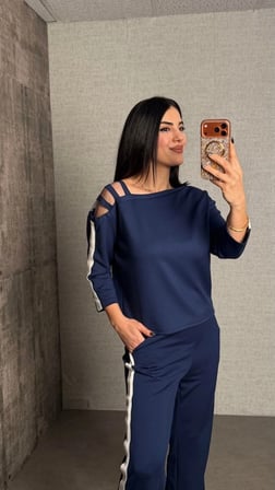 Kadın Uzun Kollu Kolu Tül Yanları Şerit Detay Modal Ikili Takım