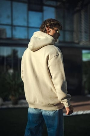 Üç İplik Penye Kapşonlu Basic Sweatshirt - Bej