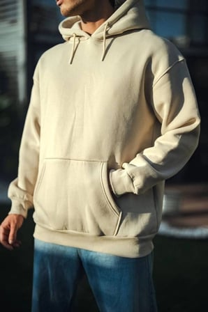 Üç İplik Penye Kapşonlu Basic Sweatshirt - Bej