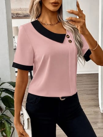 Kadın Kısa Kollu Asımetrik Yaka Detaylı Düğmeli Dubai Bluz