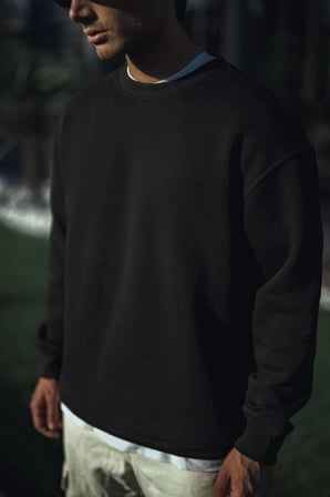 Kışlık Bisiklet Yaka Üç İplik Basic Sweatshirt - Siyah