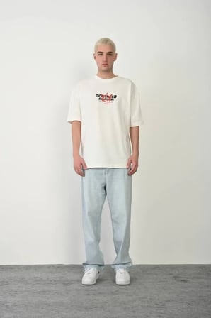 Unisex Bisiklet Yaka Baskılı Oversize T-shirt - Beyaz