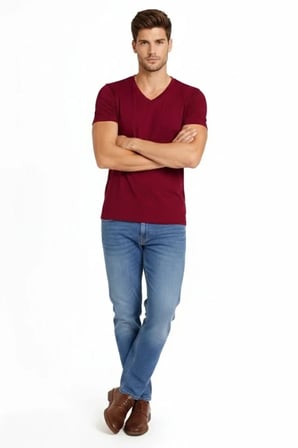 Erkek T-shirt V Yaka Slim Fit Dar Kesim Likralı Tişört Günlük Basic Body - Bordo