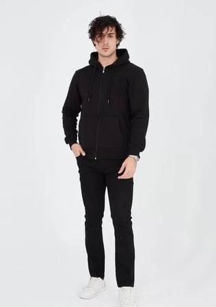 Unisex Tam Fermuarlı Kapşonlu  Sweatshirt - Siyah