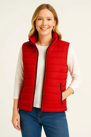 Şişme Fermuarlı Yelek Su Itici Kapitone Astarlı Kumaş Cepli Hafif Kışlık Spor Rahat Kalıp - Kırmızı