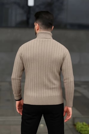 Erkek Balıkcı Yaka Bağazlı Triko Kazak Pamuklu Kalın Fitilli Dokuma, Regular Fit Uzun Kollu Kışlık Model - Bej