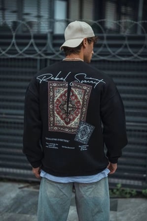 Uzun Kol Bisiklet Yaka Baskılı Sweatshirt - Siyah