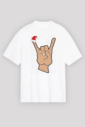 Yılbaşı Noel Başlıklı Serçe Parmak Baskılı Oversize Bisiklet Yaka T-shirt - Beyaz