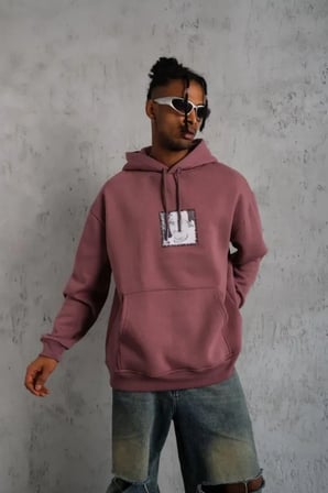 Erkek Ön Arka Baskılı Kapşonlu Sweat - Gül Kurusu